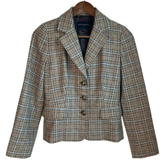 Banana Republic Womens Sz 0 Blazer Beige Plaid Wool Blend Elbow Patches - Picture 1 of 14